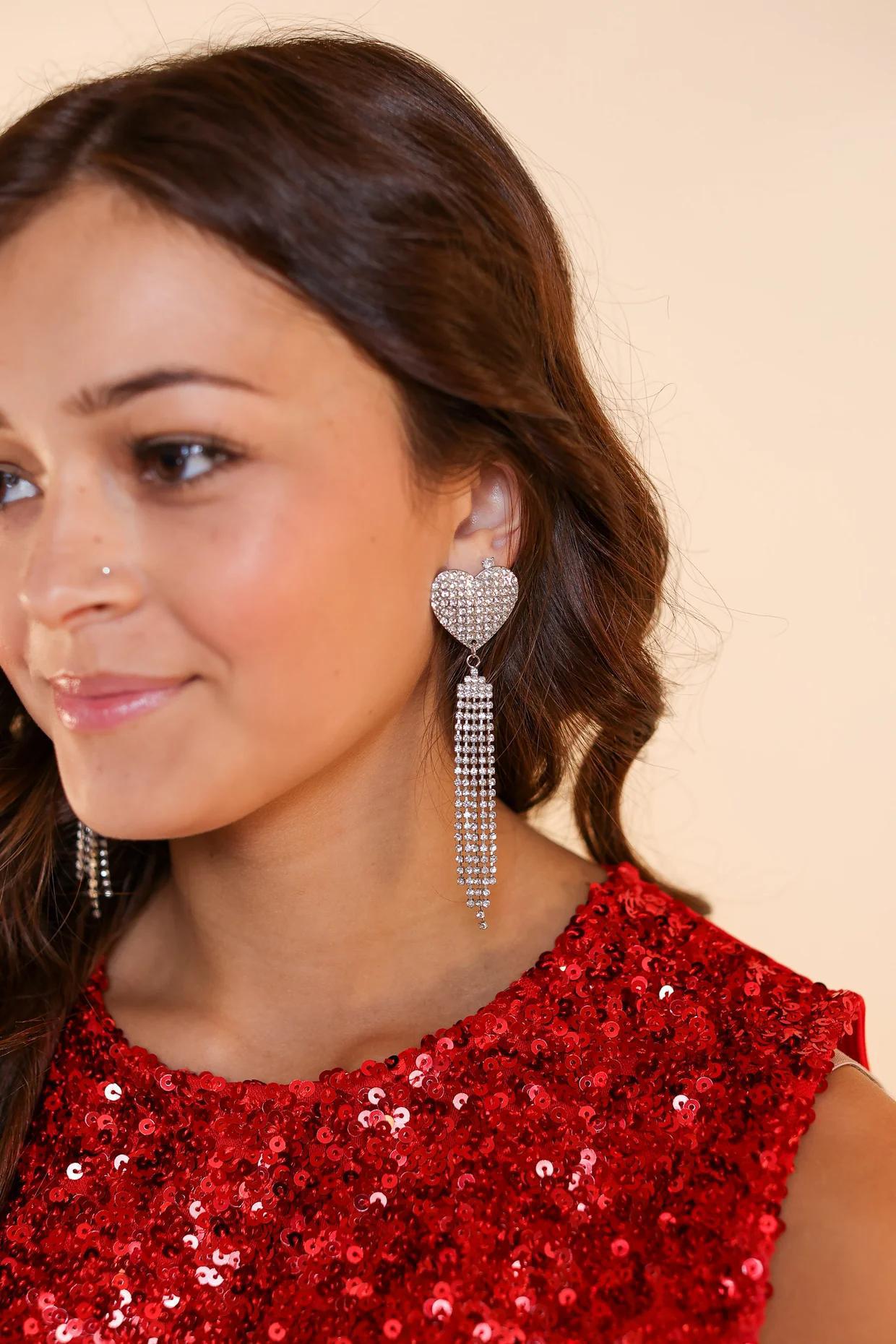 G&E Chained To Your Love Heart Earring With Rhinestone Fringe in Silver