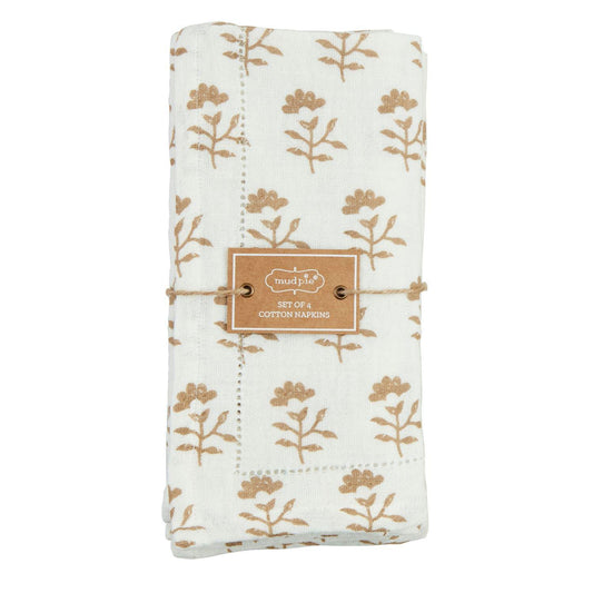 Flower Taupe Block Print Cloth Napkin Set