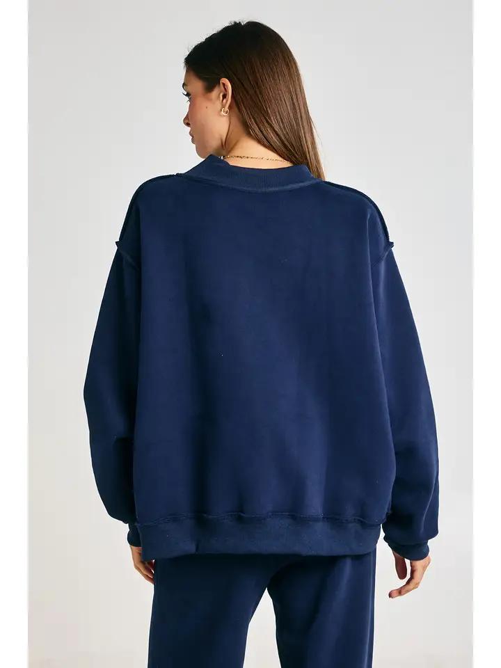 Jesus Embroidered Mock-Neck Sweatshirt - Navy