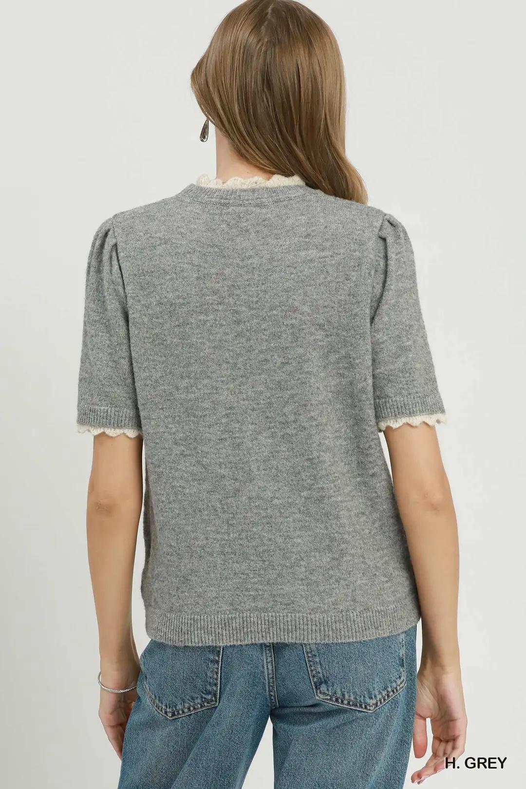 Umgee Scalloped Trim Puff Sleeve Knit Sweater Top