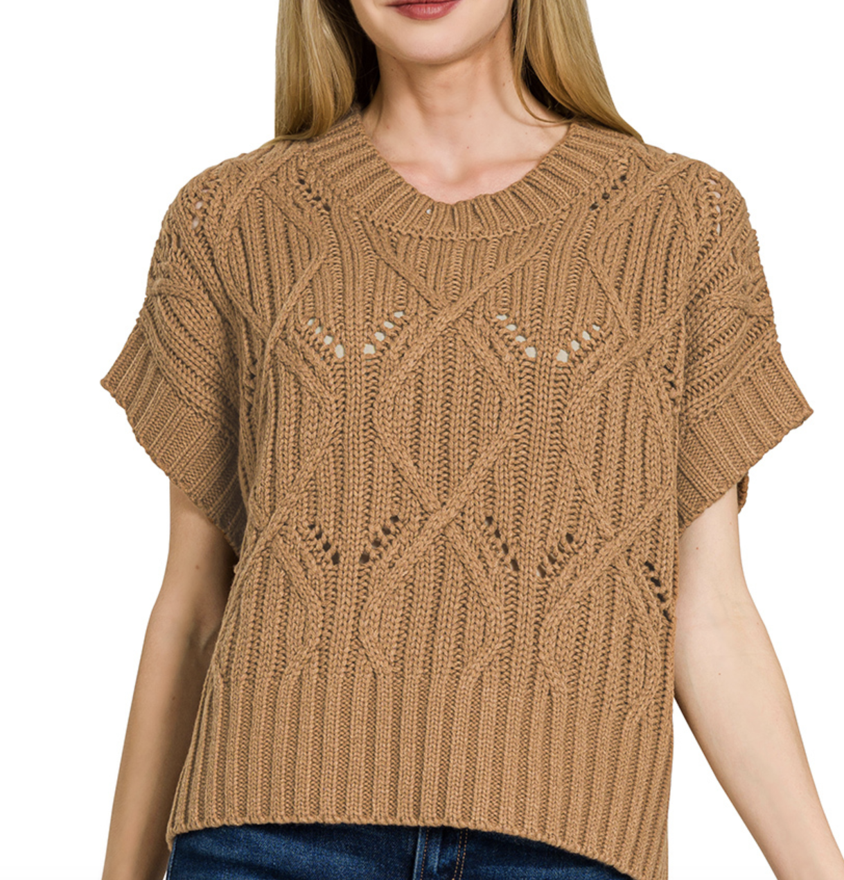 ZENANA TW-2596Y Cable Knit Short Sleeve Sweater