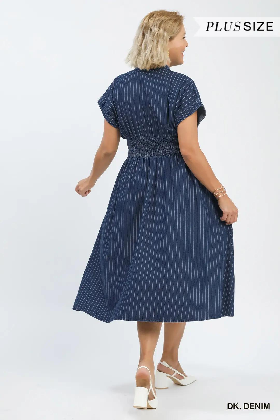 Umgee Pinstripe Smocked Waist Button-Front Midi Dress