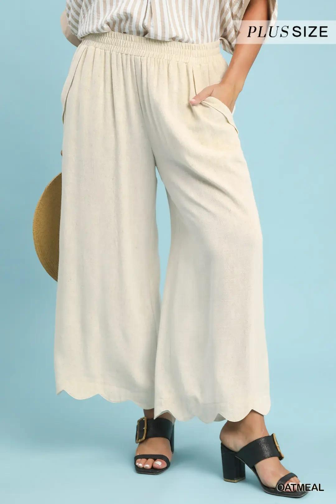 Linen Blend Scallop Hem Wide Leg Pants - Plus Size