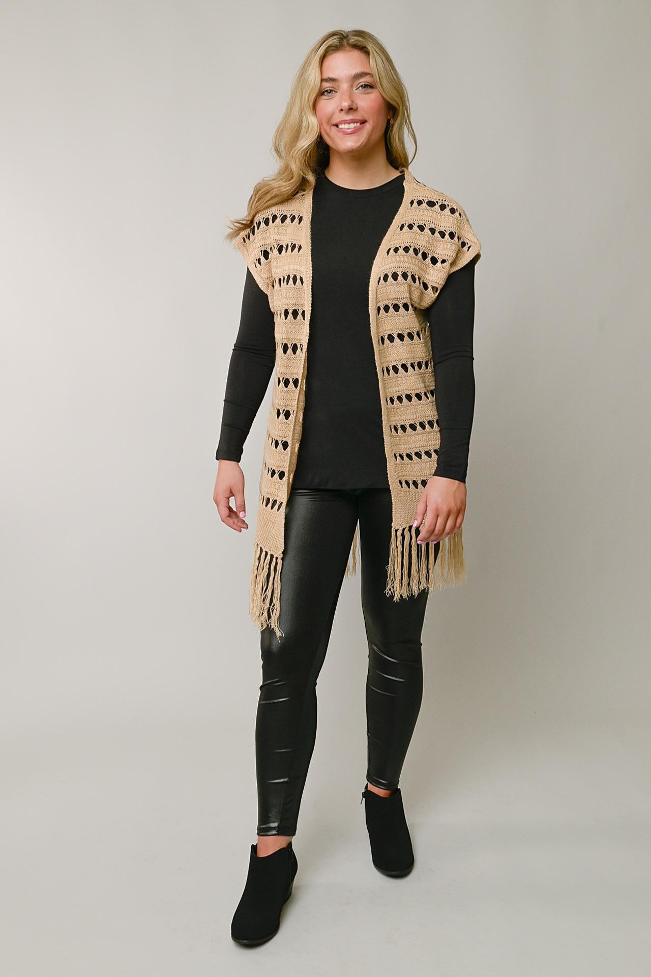 Pointelle Open Front Cardigan w/ Fringe