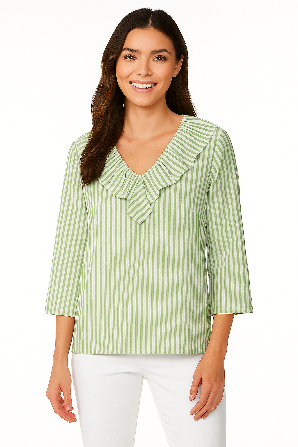 Striped Linen-Like Ruffle Neck Blouse