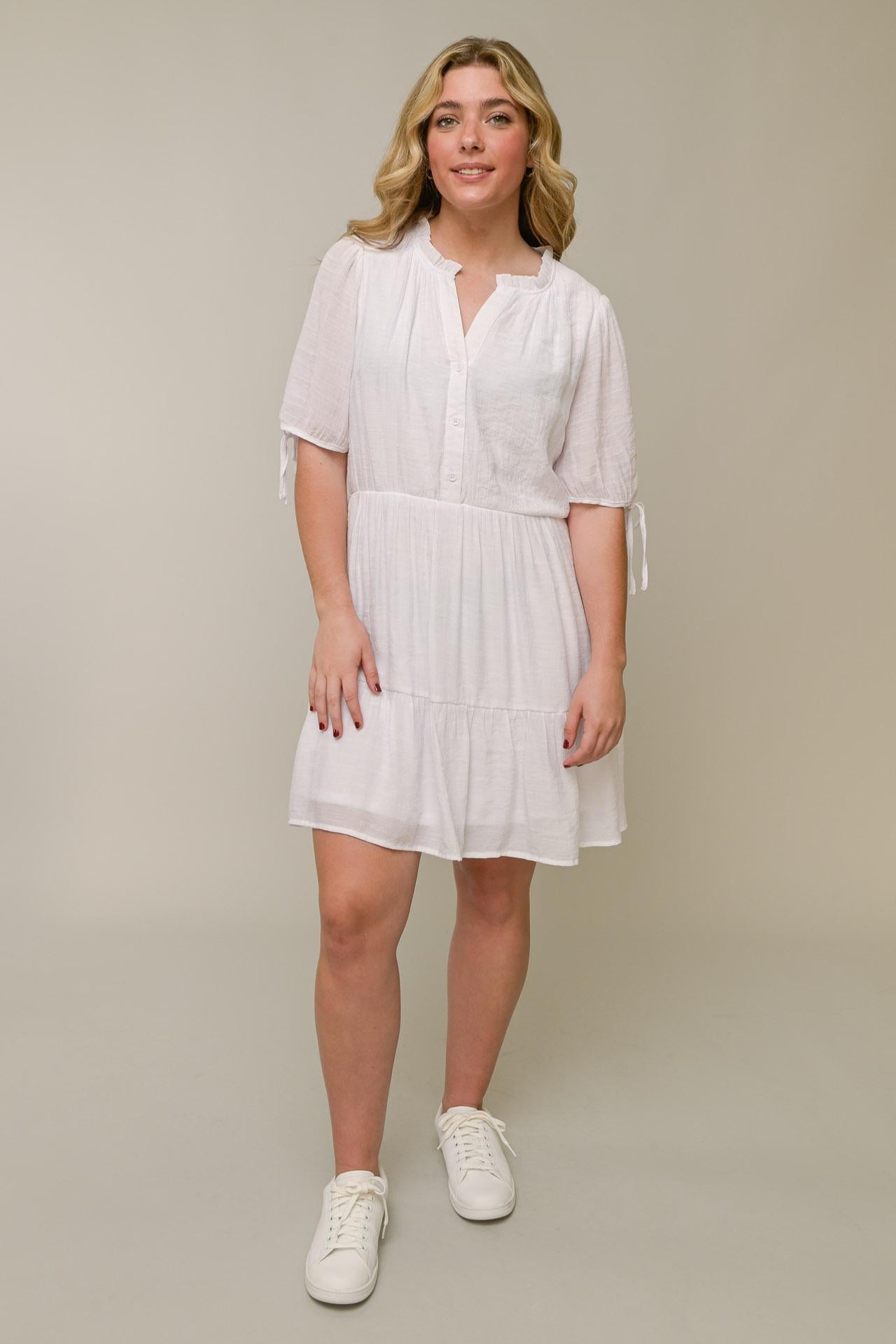 Tie Sleeve Ruffle Neck Dress