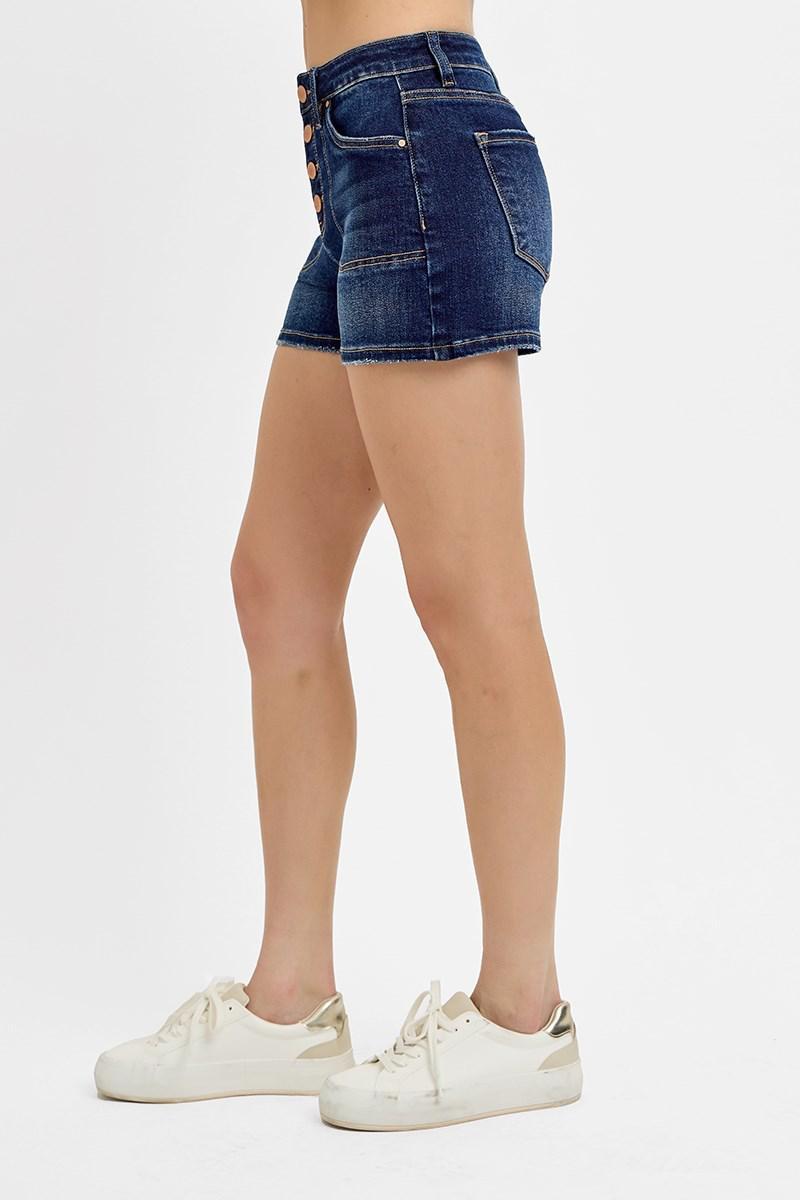 RISEN RDS6287 HIGH RISE PATCH POCKET SHORTS DARK WASH