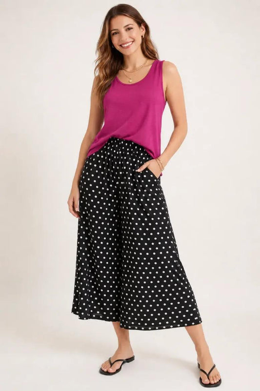 Polka Dot Pull On Palazzo Pant - Black