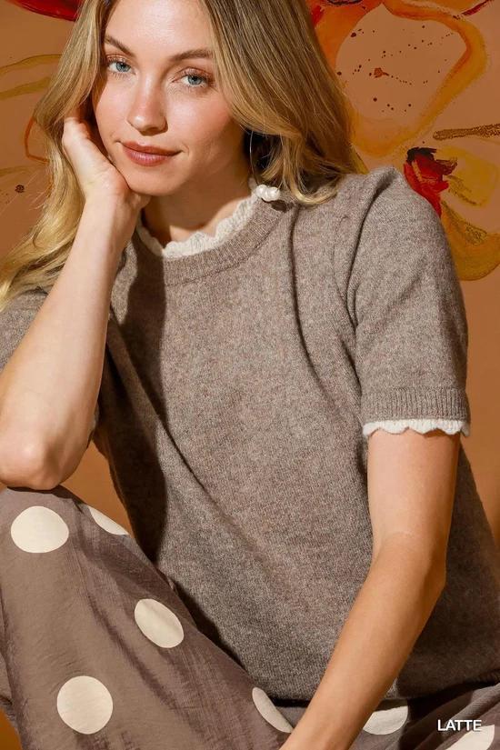 Umgee Scalloped Trim Puff Sleeve Knit Sweater Top - Latte
