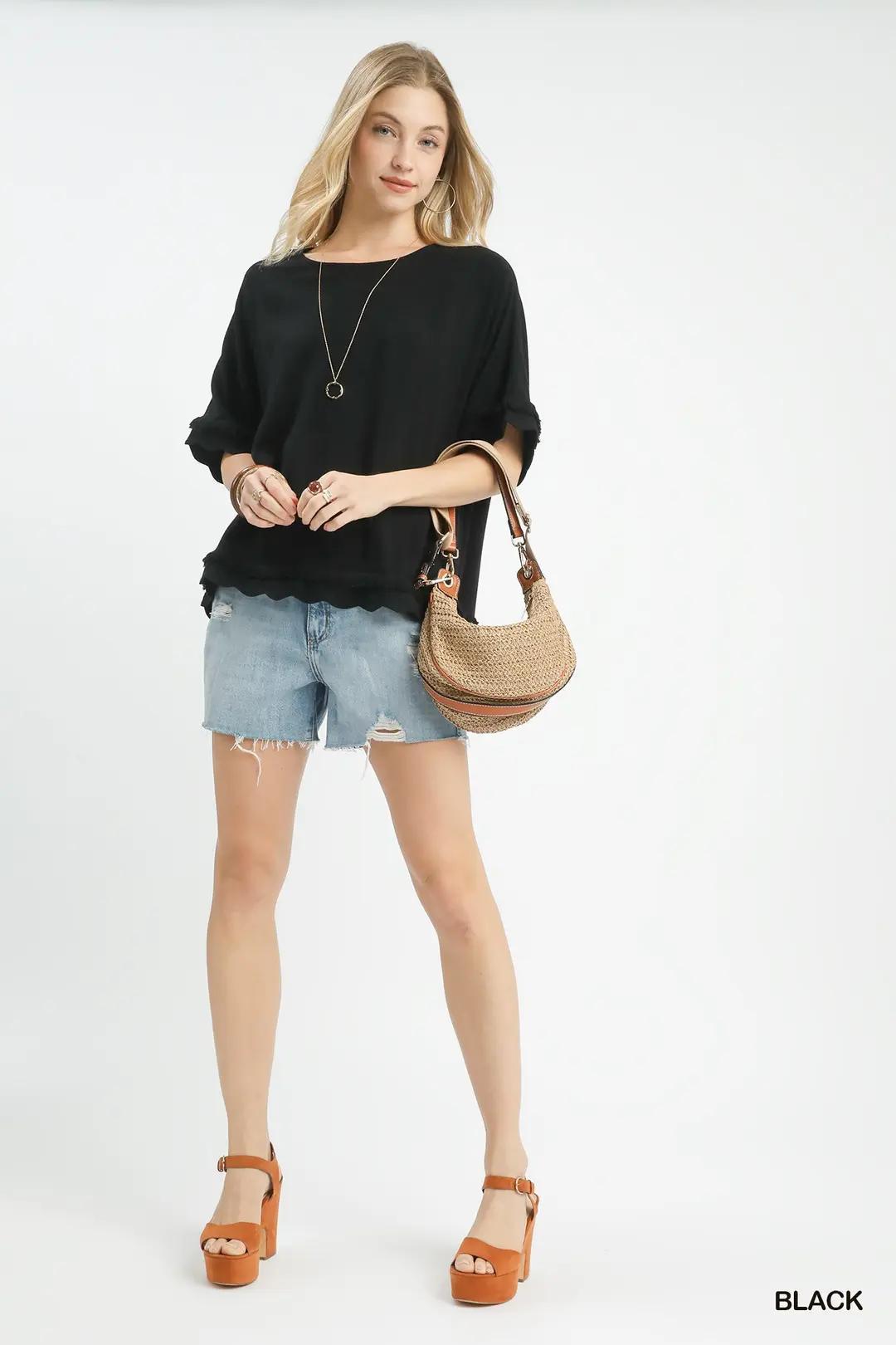 Umgee Linen Frayed Hem Scallop Edge Top Black