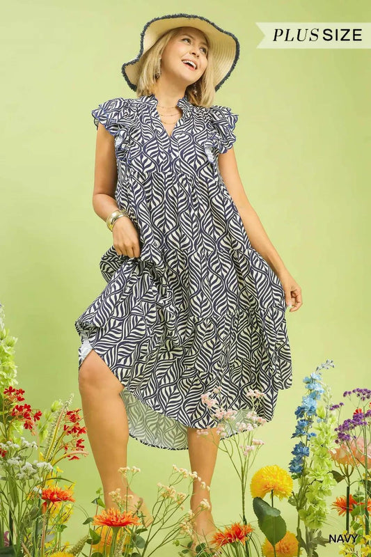 Umgee Plus Size Leaf Print Midi Dress Navy
