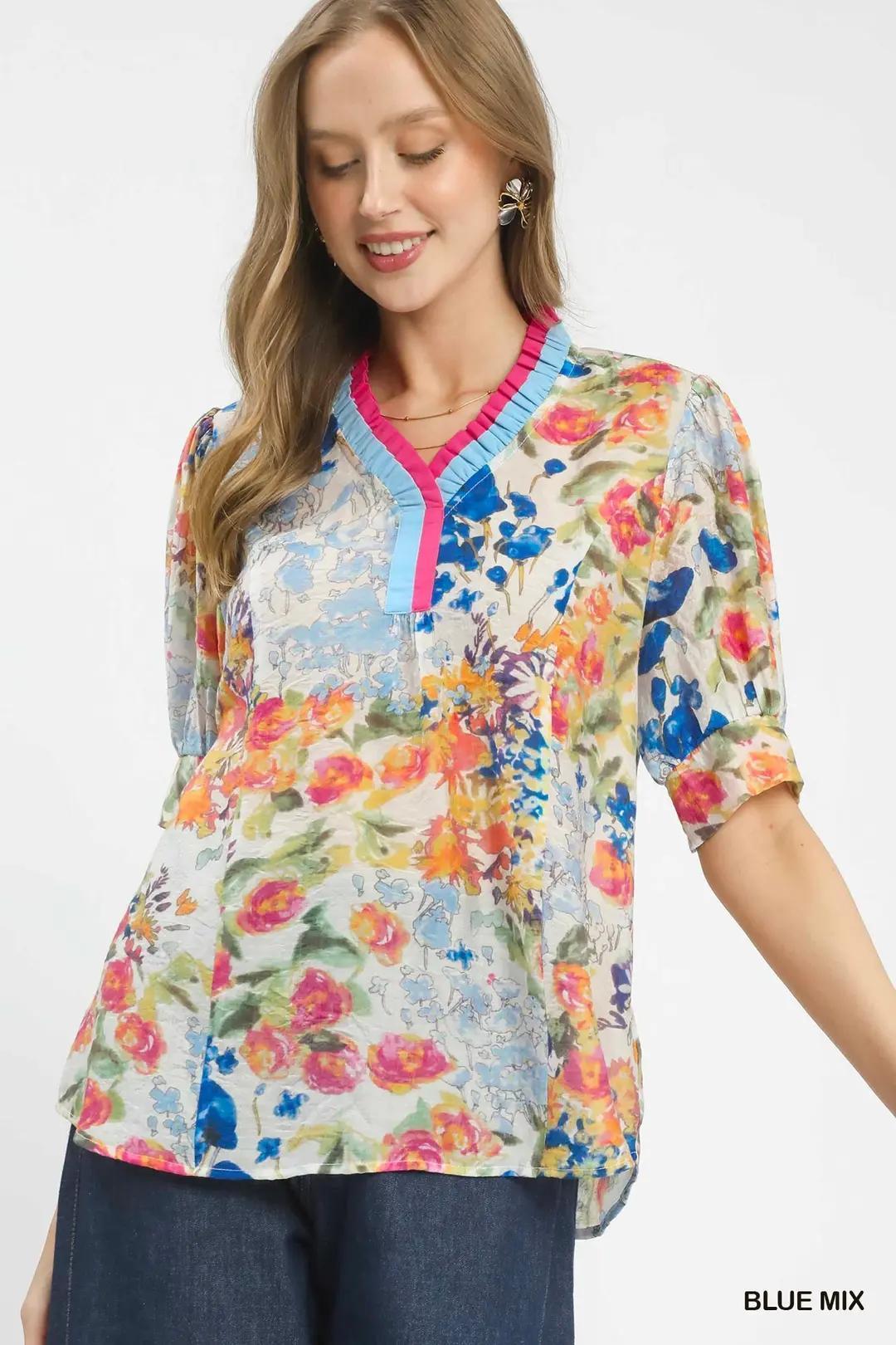UMGEE Floral Contrast Pleat Neck Top - Blue Mix