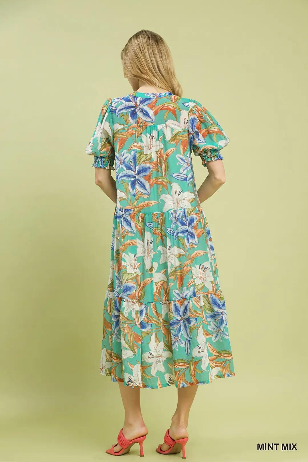 UMGEE Mix Tropical Floral Tiered Midi Dress Reg & Curvy