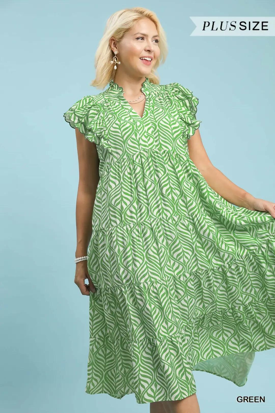 UMGEE Plus Size Leaf Print Tiered Midi Dress