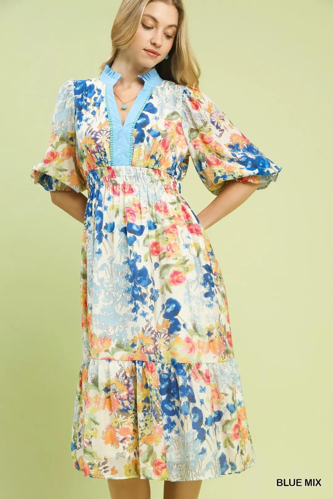 Umgee Mix Floral Print Maxi Dress with Contrast Trim