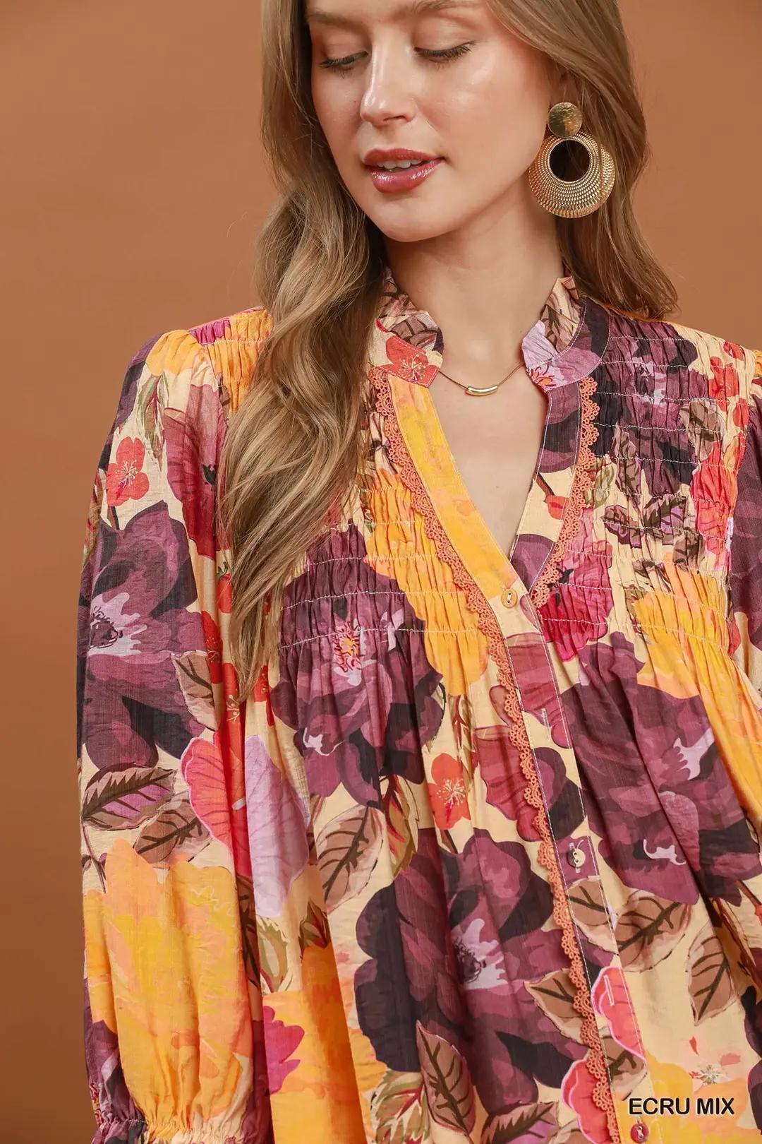 Umgee  Mix Floral Print Button Front Blouse C