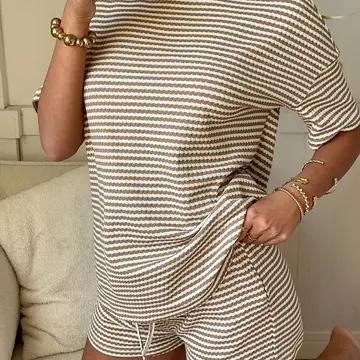 Striped Knit Shorts Set Casual Drawstring Lounge - Khaki