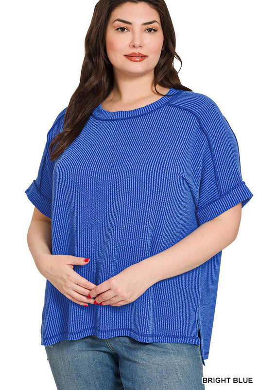 ZENANA Ribbed Cuff Sleeve Raw Edge Top