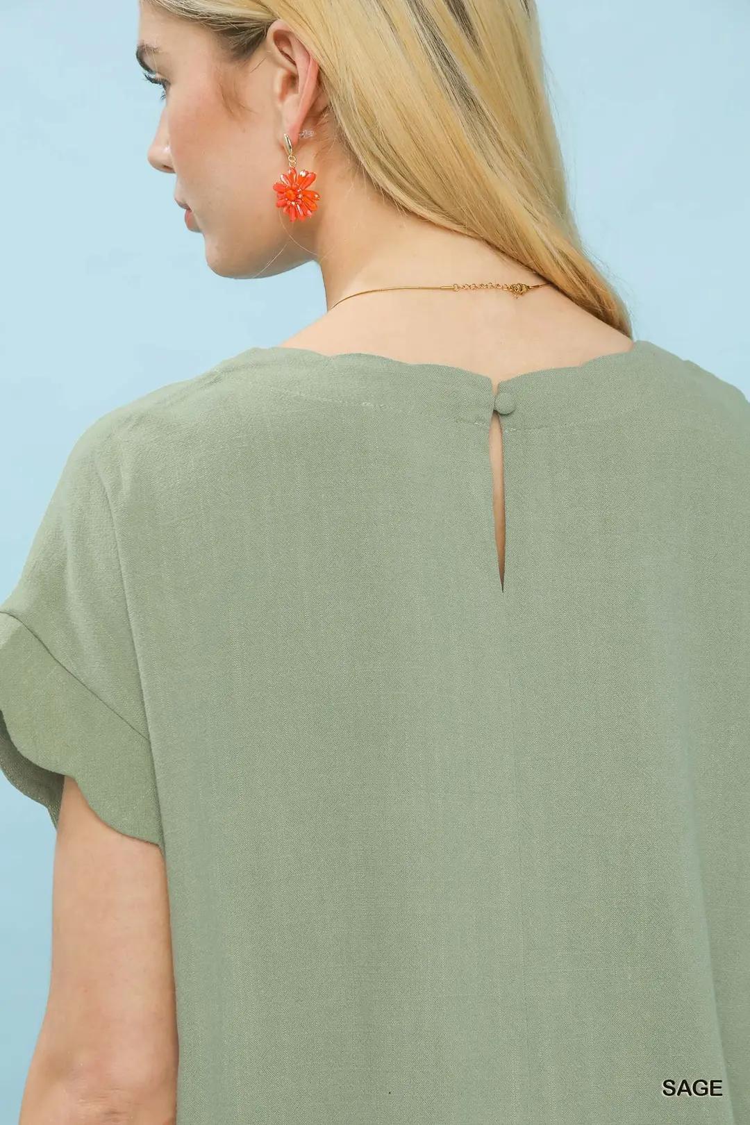 UMGEE Linen Blend Rolled Sleeve Top