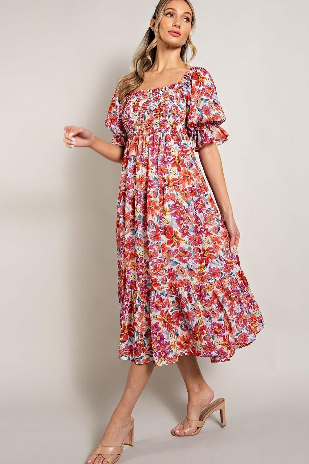 Floral Smocked Midi Dress PLUS SIZE PD9286