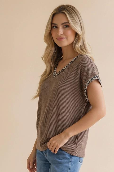 Leopard Color Block Wave Rib Knit Top - Mocha