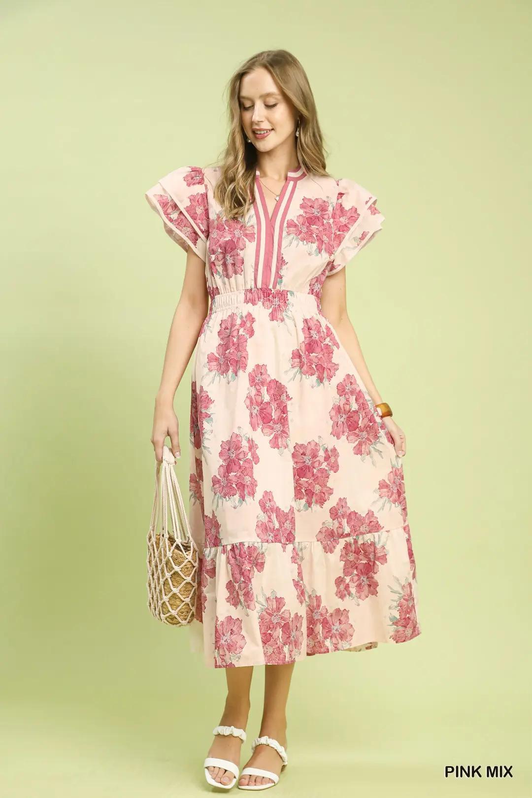 UMGEE Floral Flutter Sleeve Midi Dress