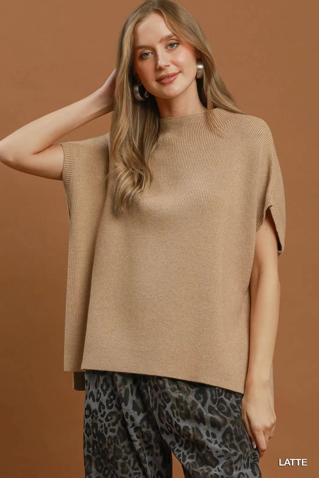 Umgee Mock Neck Short Sleeve Sweater Top - Latte