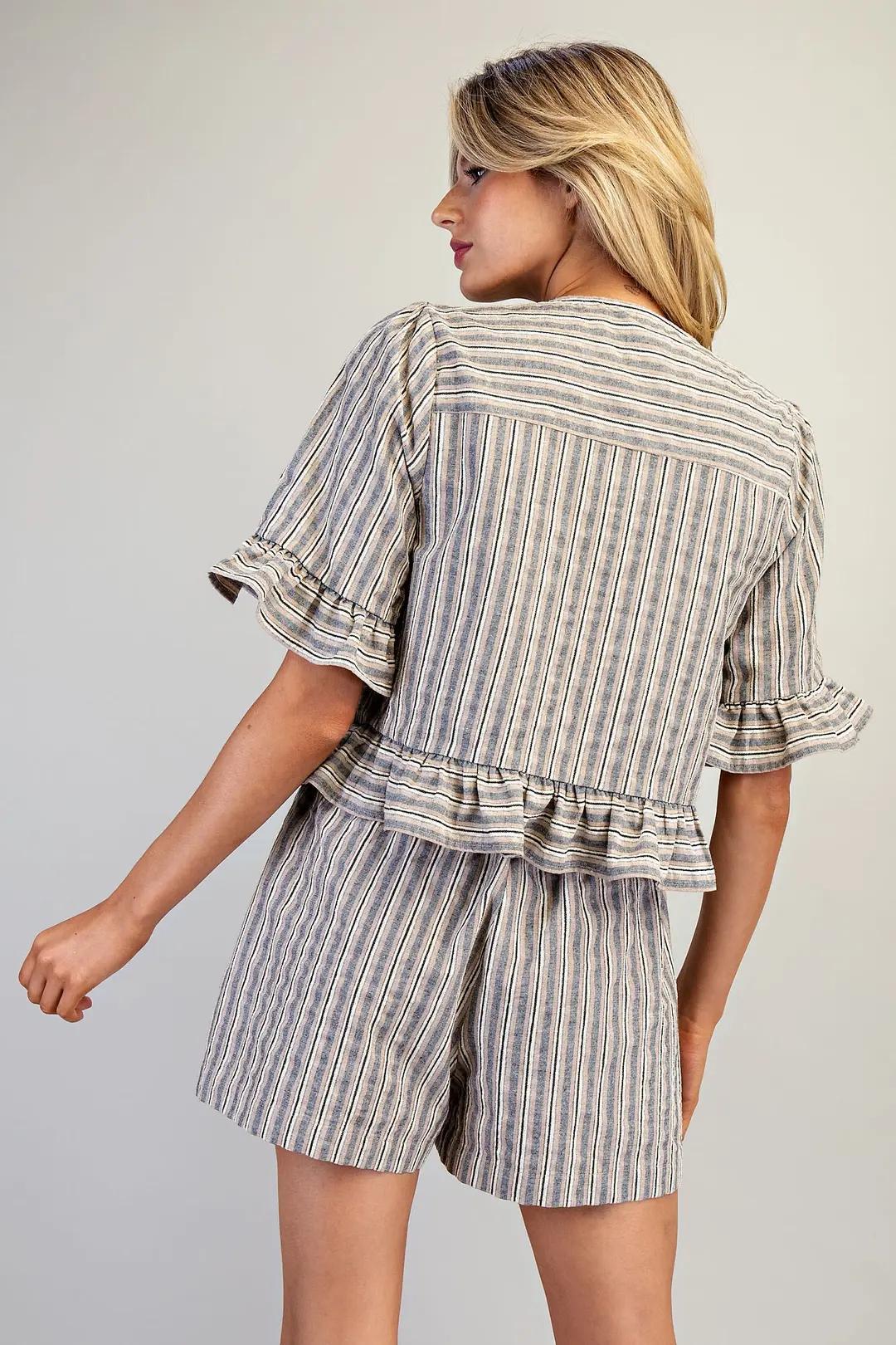EE:SOME Striped Front Tie Ruffled Blouse Top Taupe