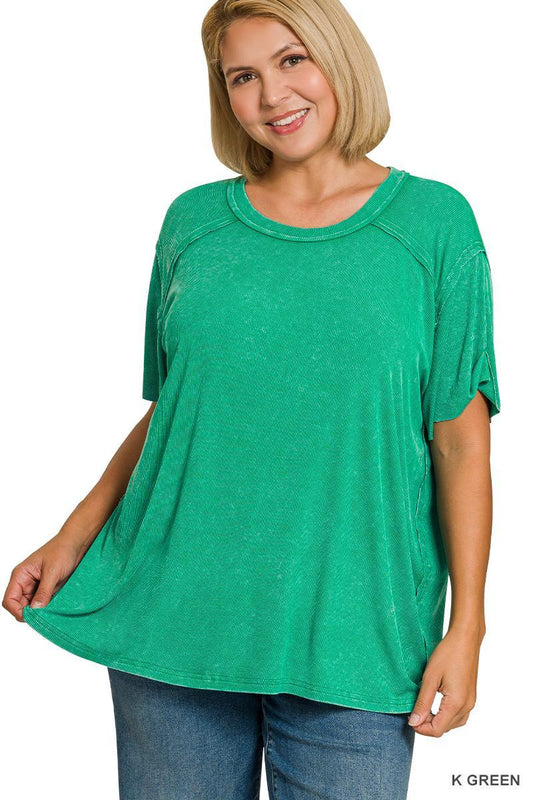 Zenana Plus Washed Ribbed S/S PLUS SIZE - Kelly Green