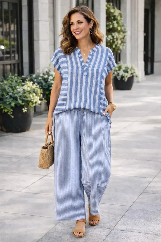 Striped Cap Sleeve V-Notch Blouse