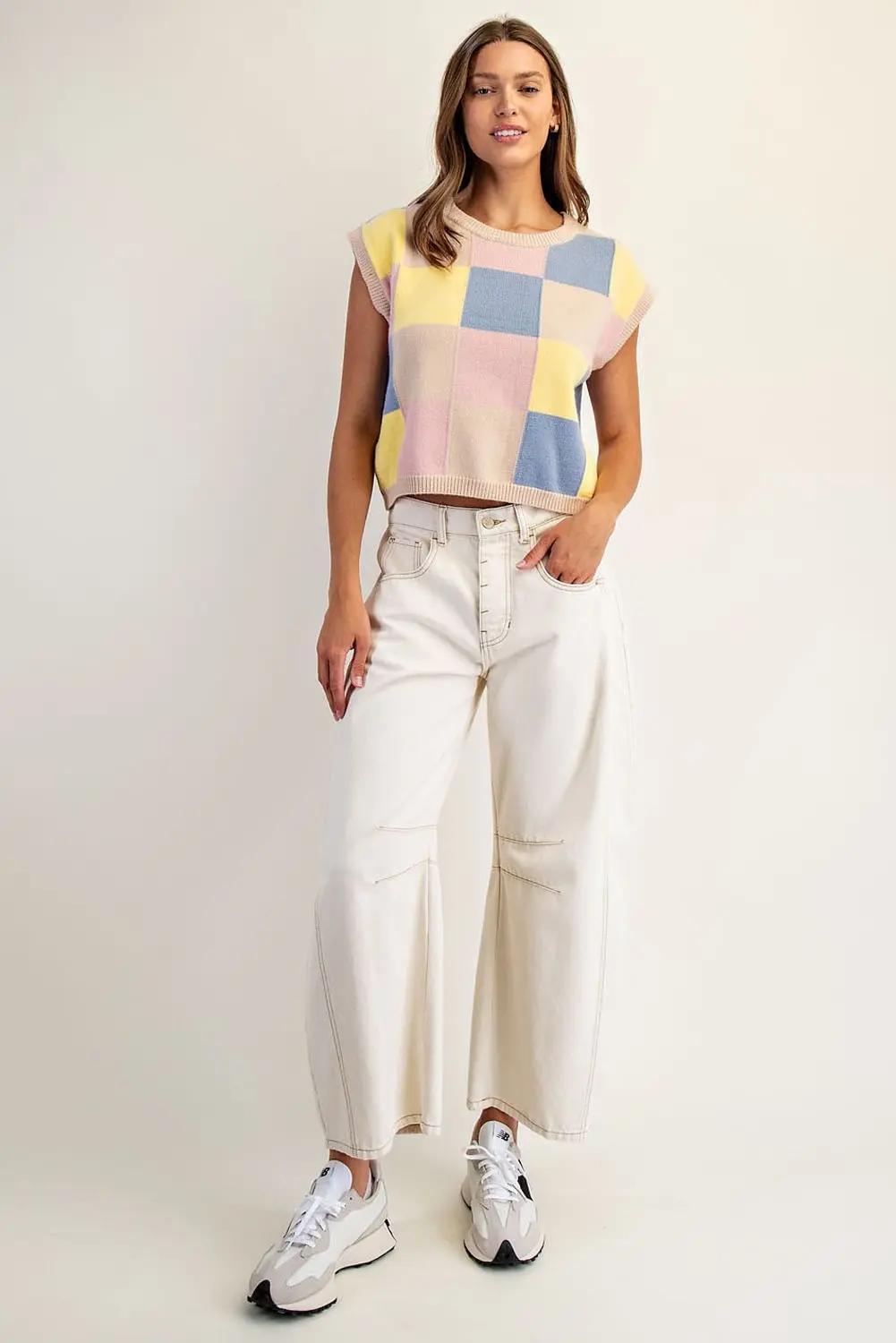 EE:SOME Checker Print Sleeveless Sweater Top Oat Whisper