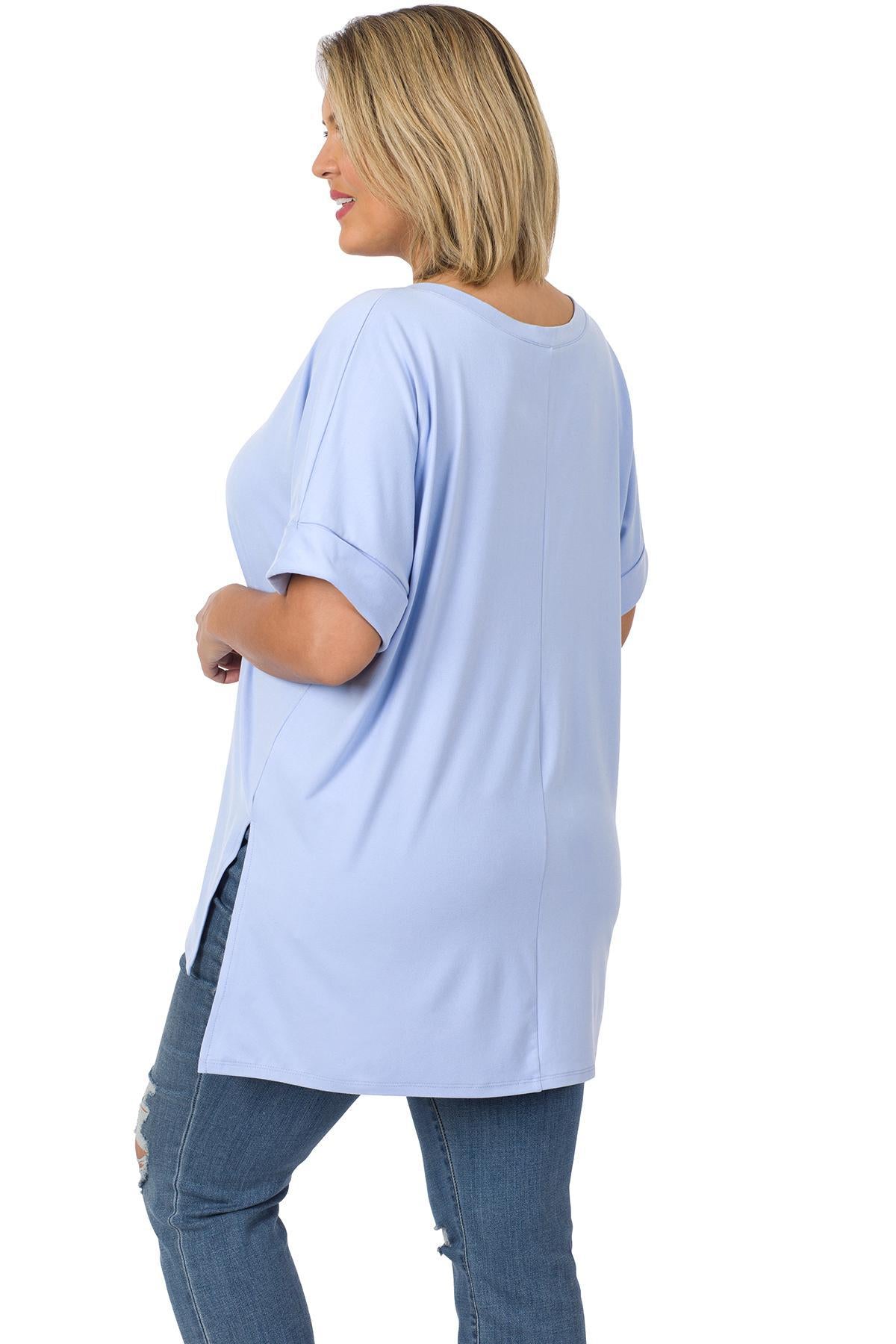 ZENANA PT-2456 Curvy Brushed Rolled Short Sleeve V-neck Top