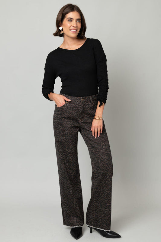 Cheetah Print 31" Inseam Wide Leg Fray Hem Jean