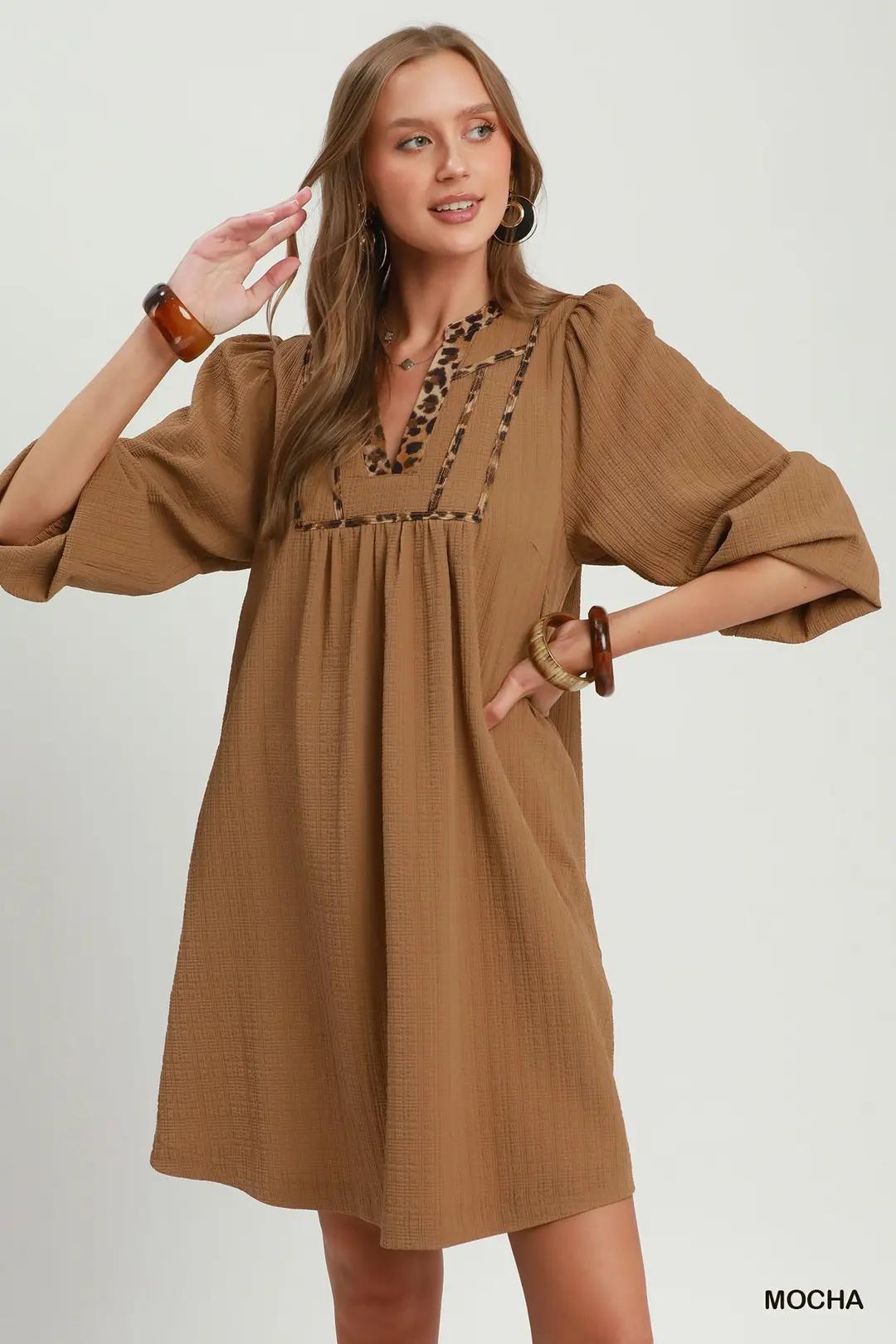 Umgee Leopard Trim Textured Babydoll Mini Dress - Mocha