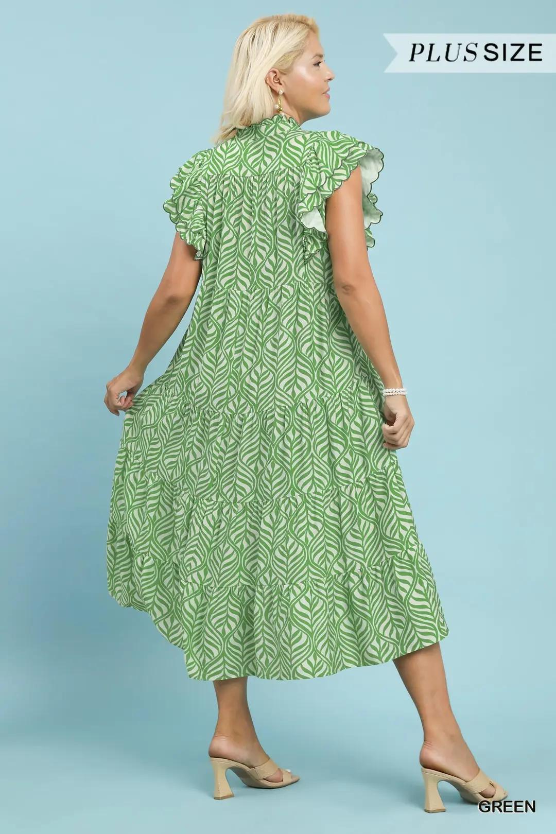 UMGEE Plus Size Leaf Print Tiered Midi Dress