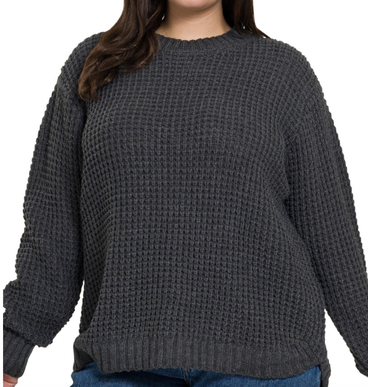 Zenana TW-22416Y Hi-low long sleeve round neck waffle sweater