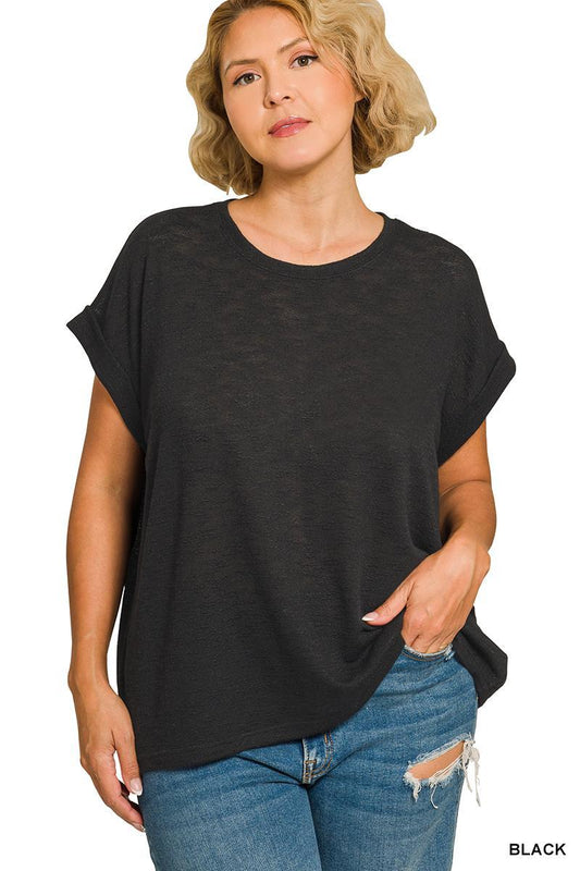 ZENANA Plus Hacci Slub Rolled Up sleeve tee