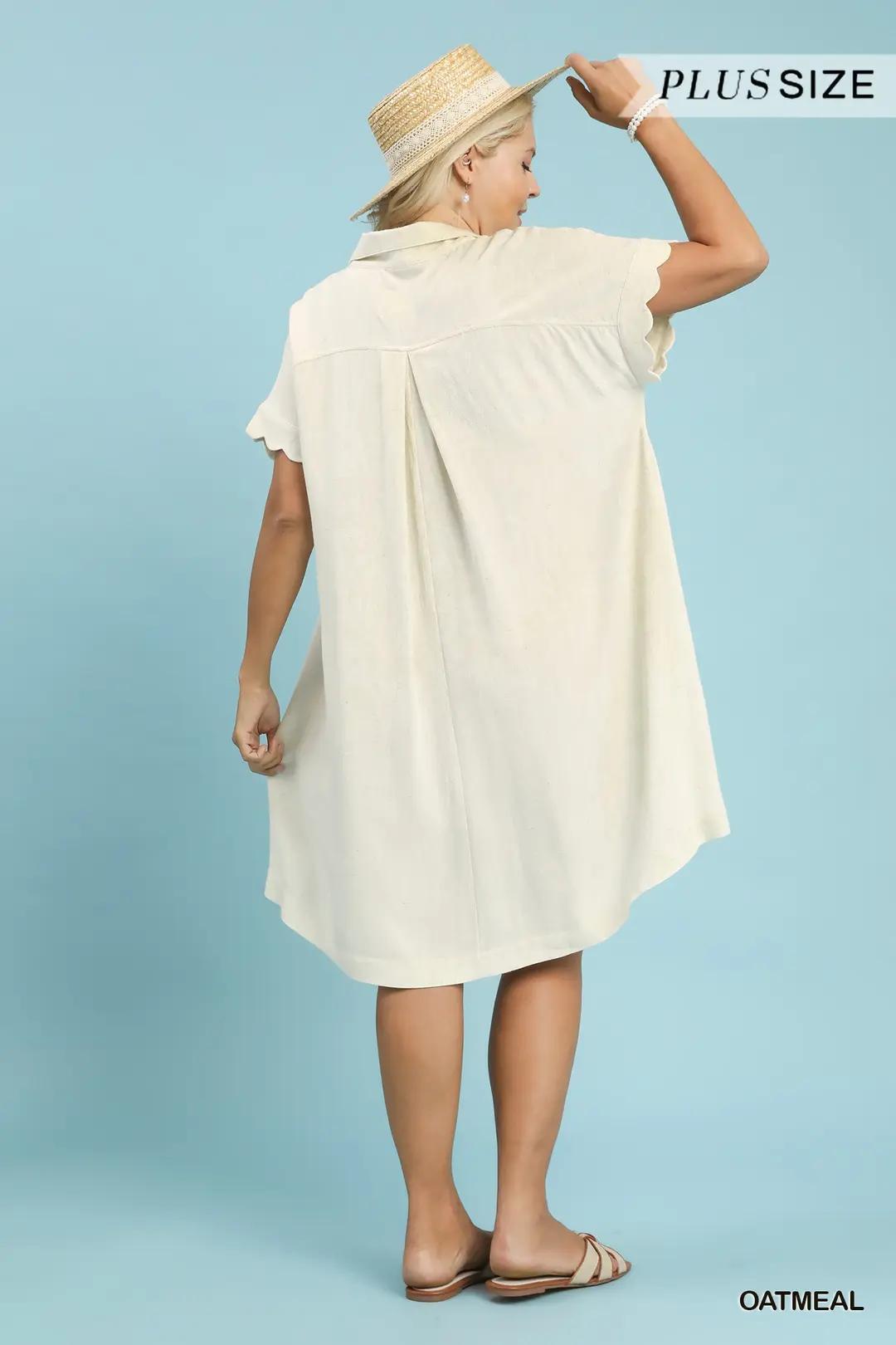 Umgee Linen Scallop Sleeve Button-Down Dress Oatmeal