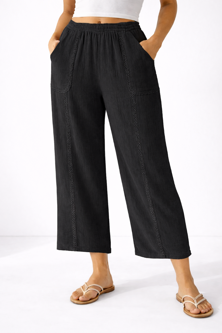 Cotton Gauze Cropped Wide Leg Pant w/ Crochet Lace Trim