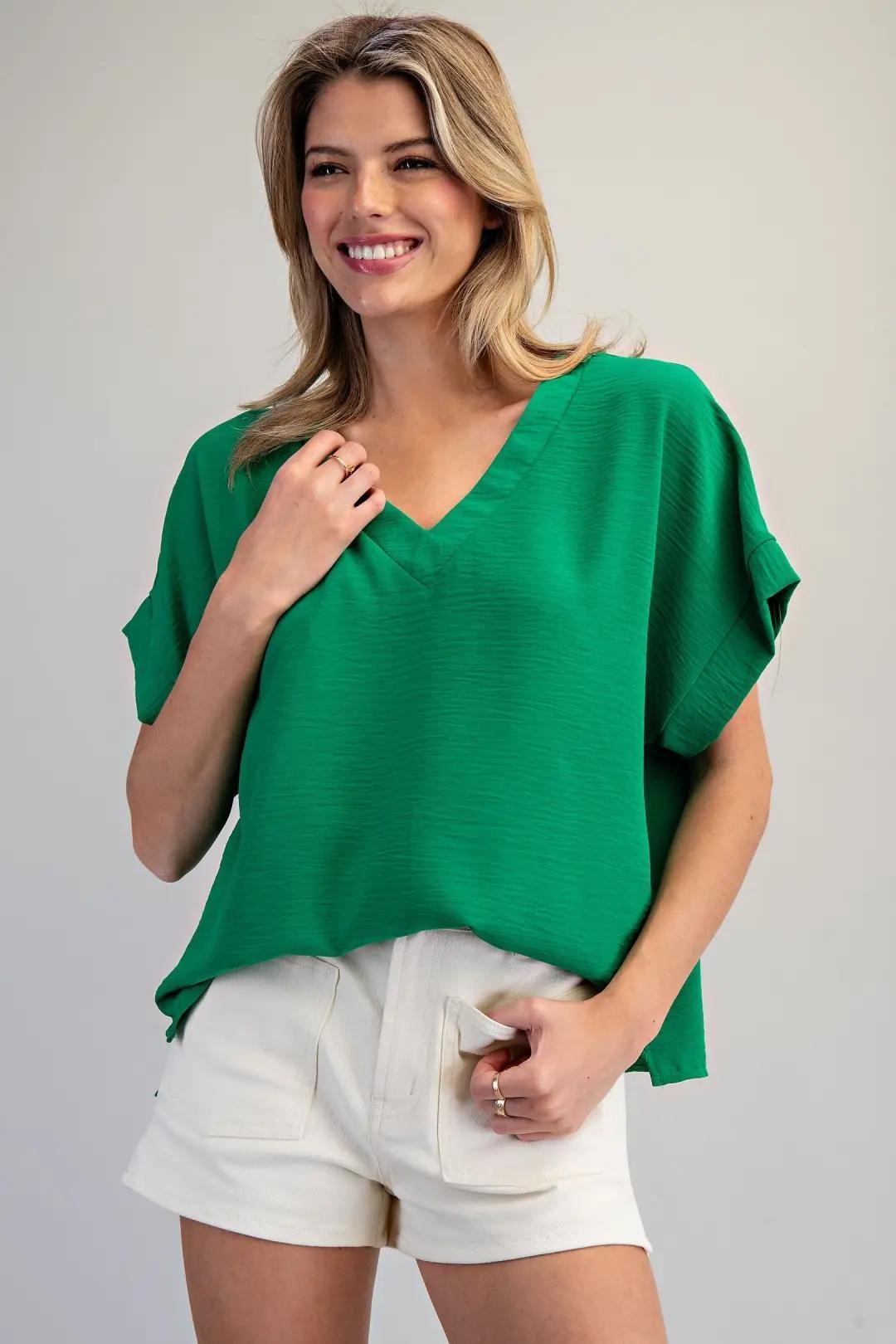 EE:SOME Solid V-Neck Short Sleeve Blouse
