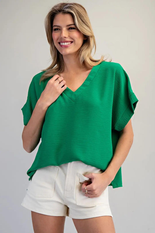 EE:SOME Solid V-Neck Short Sleeve Blouse