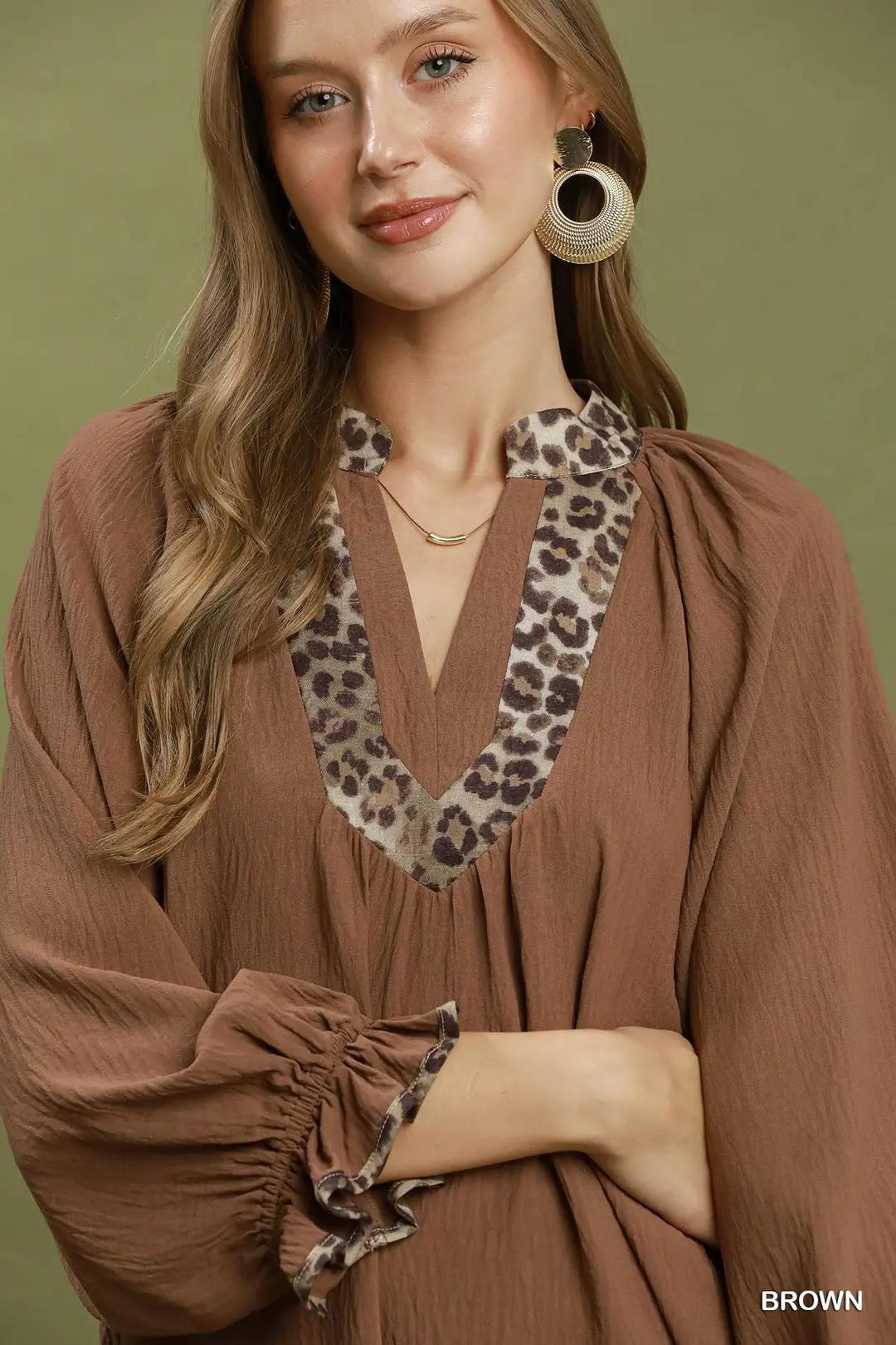 Umgee Leopard Trim V-Neck Puff Sleeve Blouse - Brown