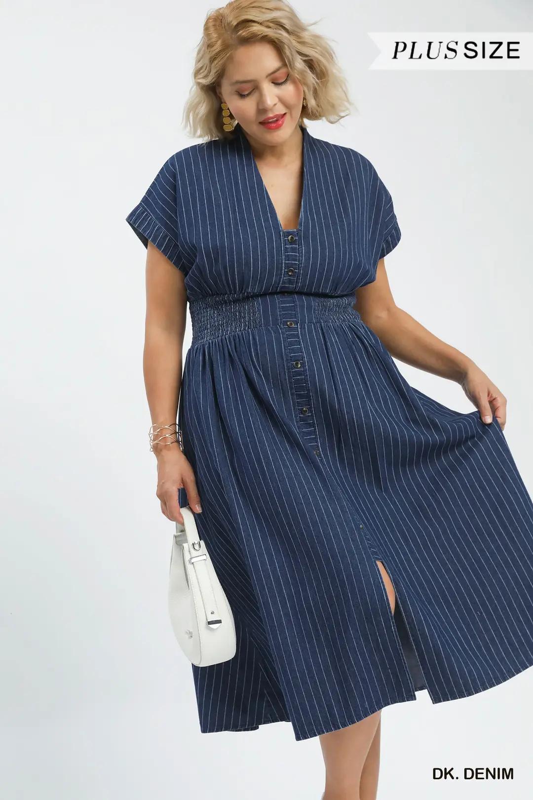 Umgee Pinstripe Smocked Waist Button-Front Midi Dress