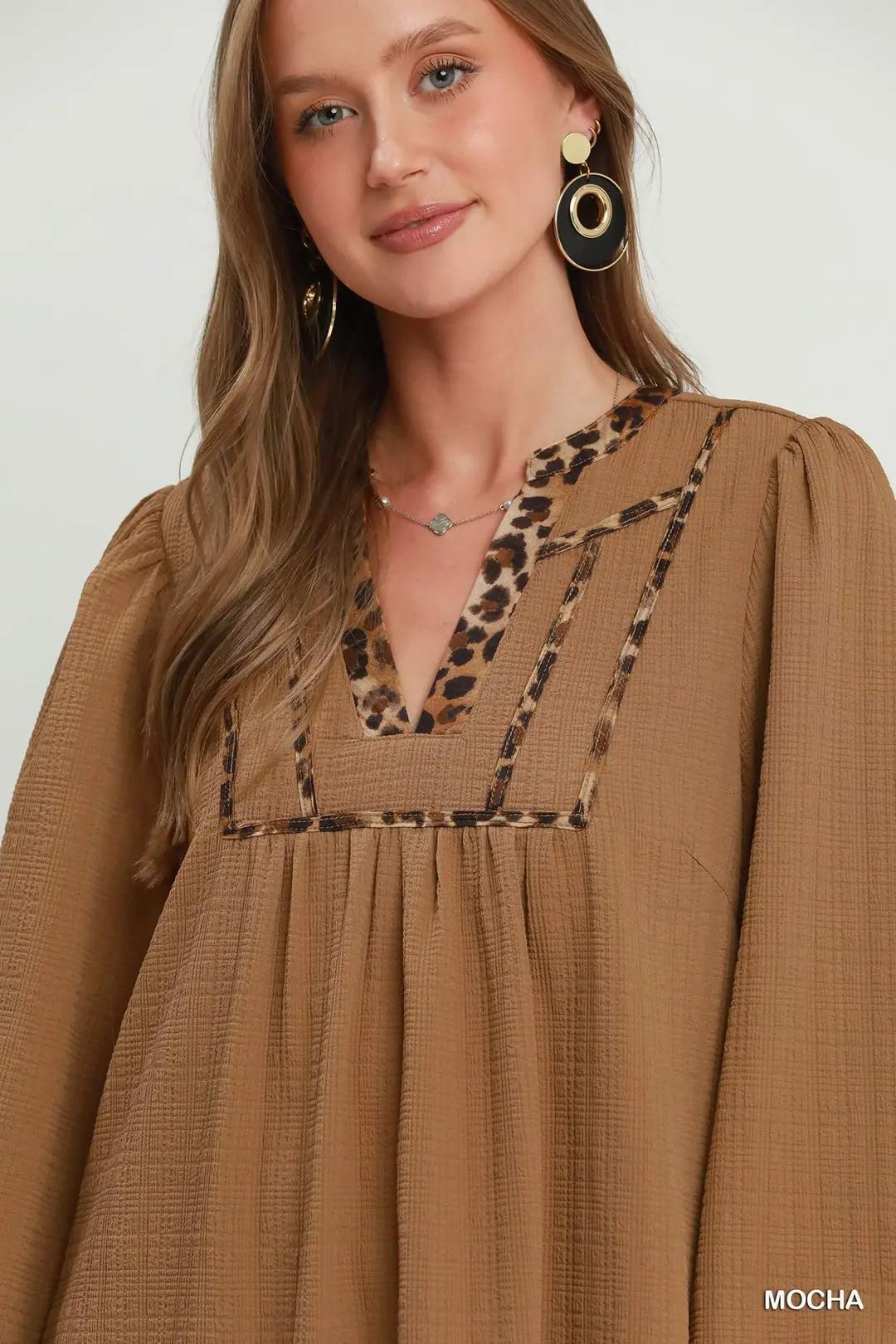 Umgee Leopard Trim Textured Babydoll Mini Dress - Mocha