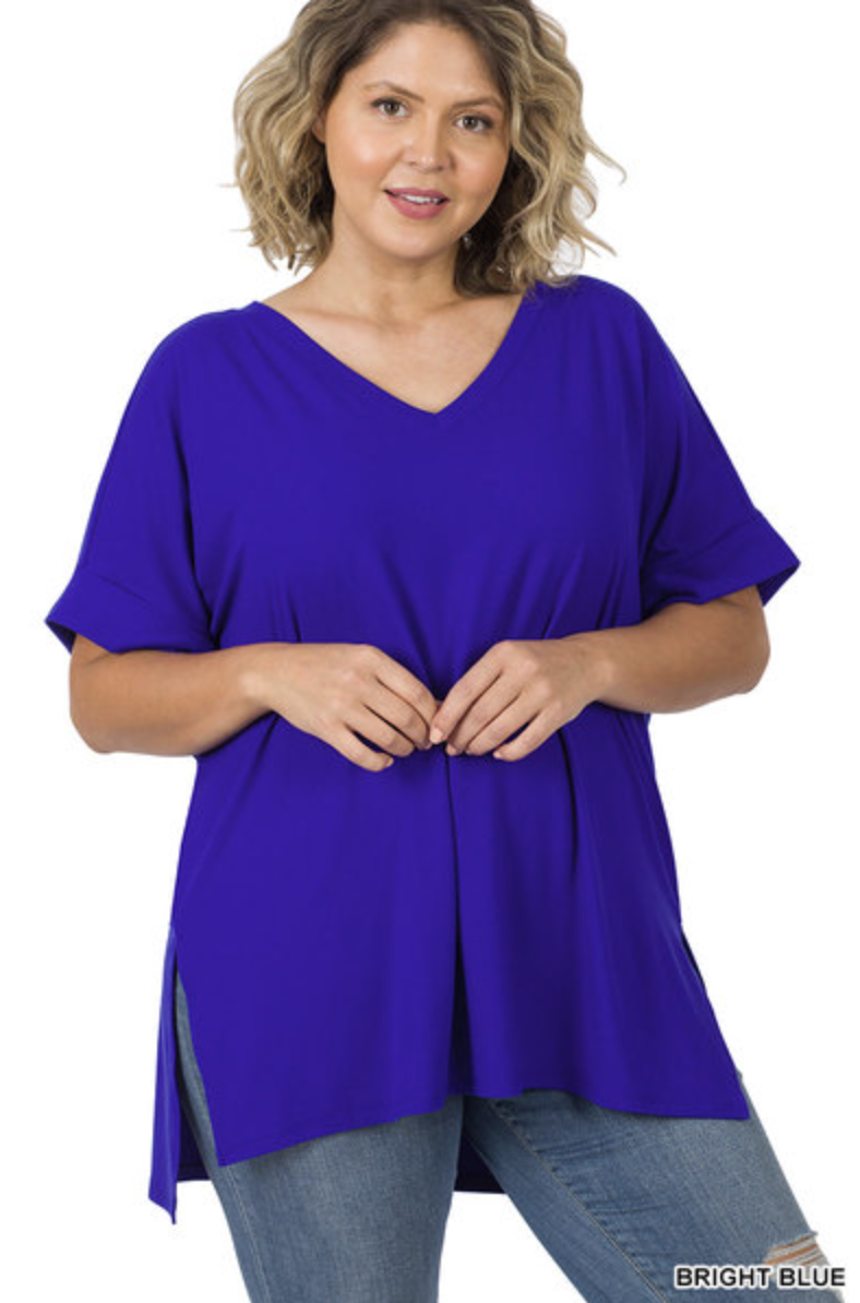 ZENANA PT-2456 Curvy Brushed Rolled Short Sleeve V-neck Top