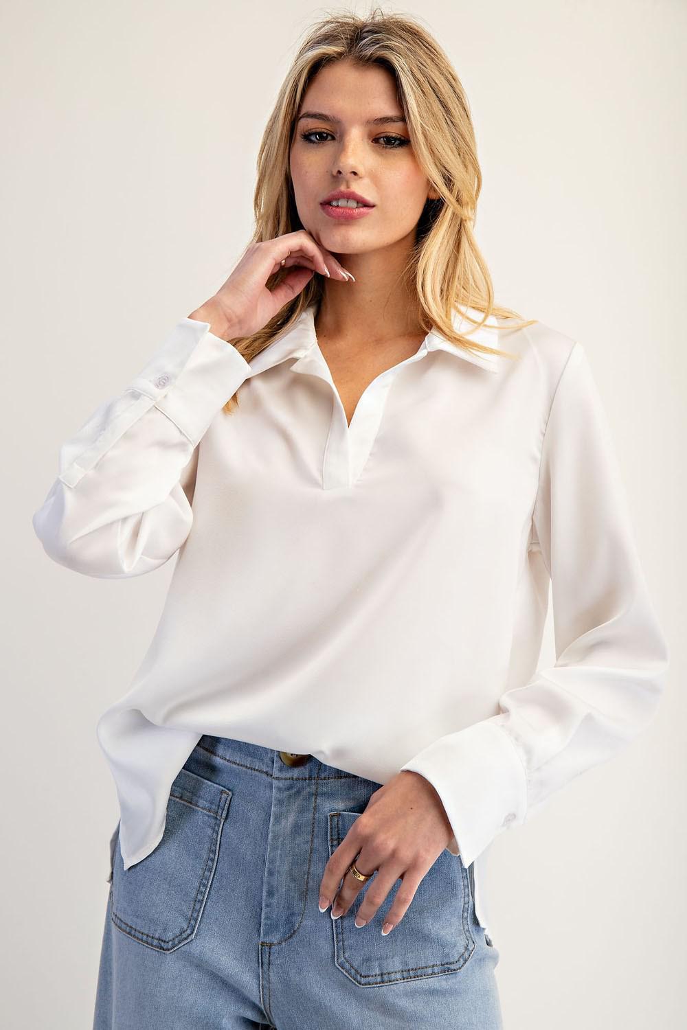 ee:some Solid Notched Collar Long Sleeve Blouse