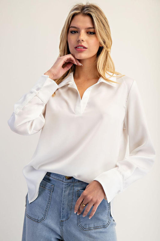ee:some Solid Notched Collar Long Sleeve Blouse