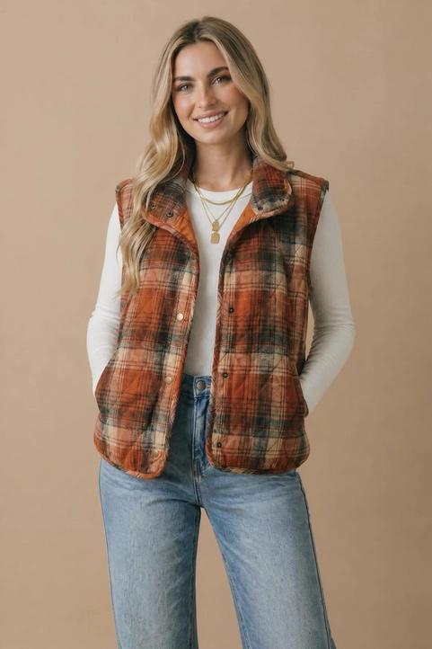 Plaid Quilted Snap Button Puffer Vest