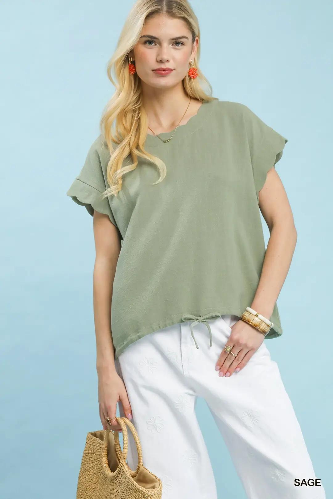 UMGEE Linen Blend Rolled Sleeve Top