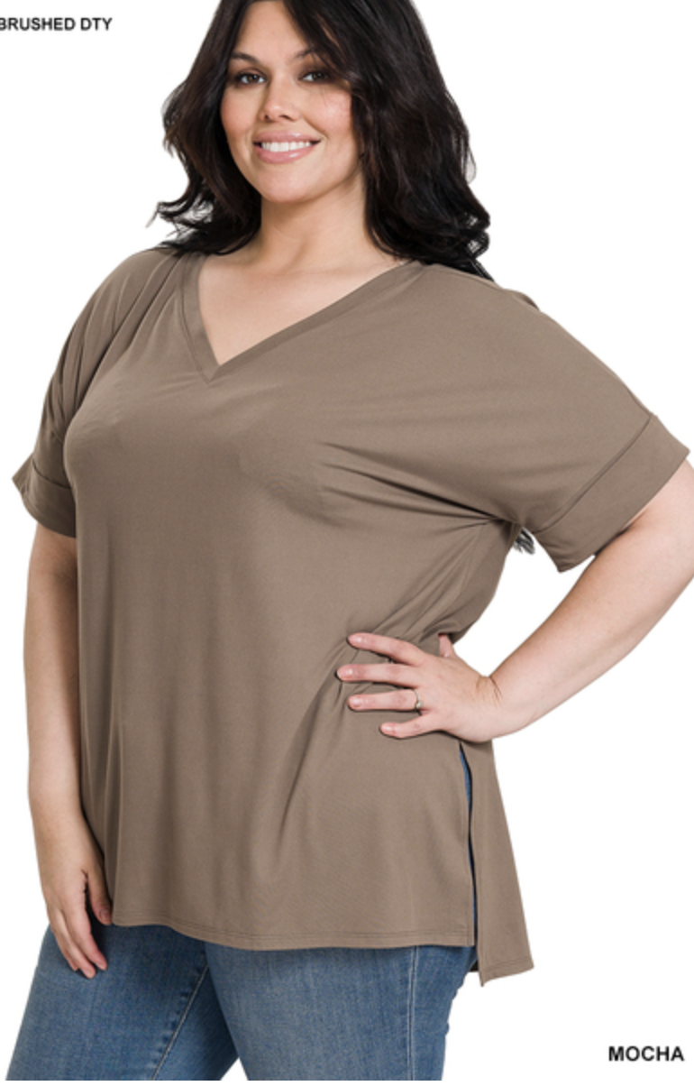 ZENANA PT-2456 Curvy Brushed Rolled Short Sleeve V-neck Top